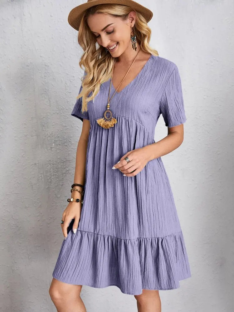 Elegant Solid V Neck A Line Dress 2024 New Summer Ruffles Loose Mini Dress Casual Short Sleeve Beach Party Vestidos Streetwear