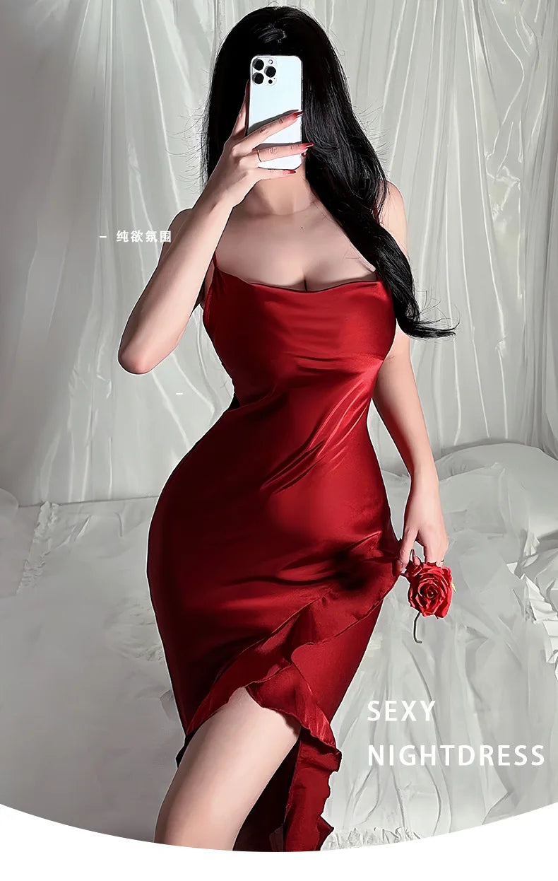 Red New Sling Sexy And Charming Ruffle Edge Bottom Split Smooth Surface Sleeveless Appear Thin Temperament Girl Long Dress 👗