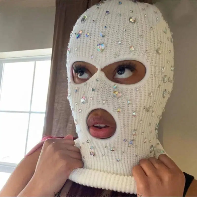 D0UB Knitted Hooded Face Cover Encrusted Halloween Cosplay Balaclava Outdoor