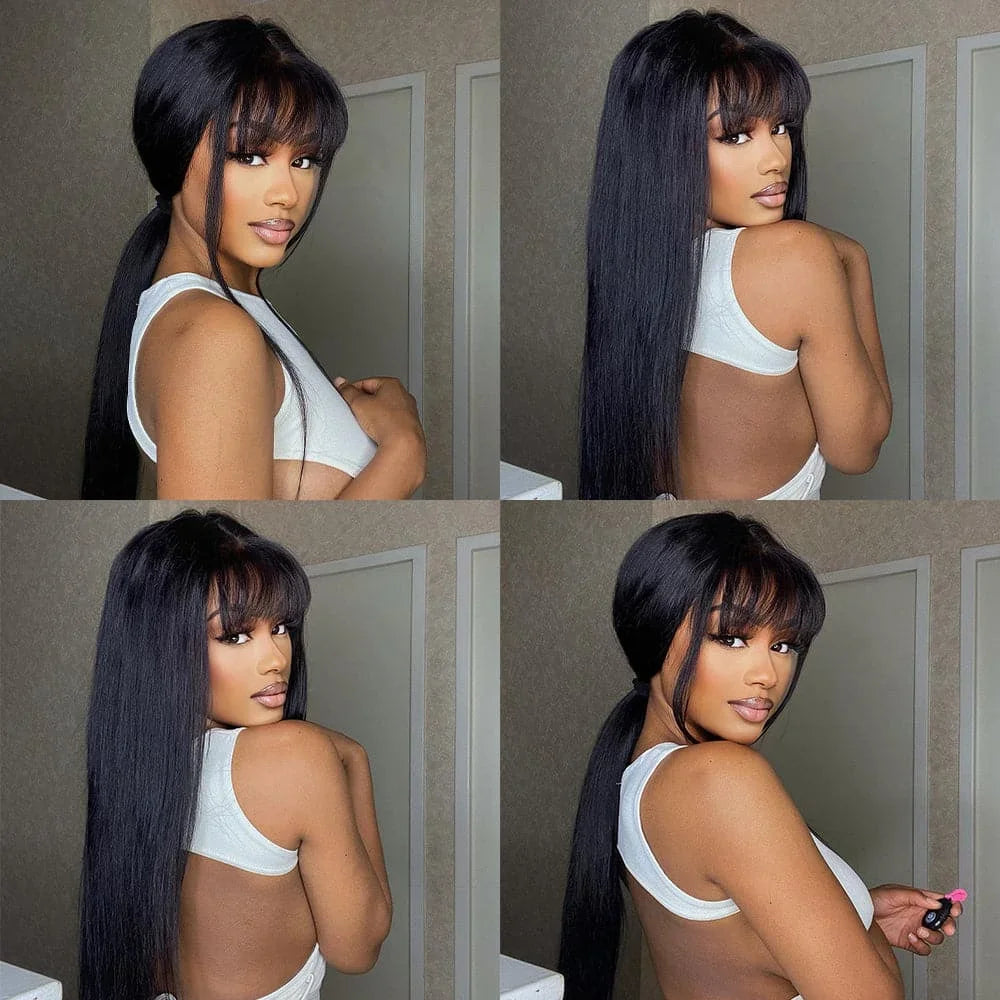 Bone Straight Cheap Wigs 180 Density Full Machine Made Human Hair Wig With Bangs On Clearance Sale Wigs For Women Wholesale BPHW