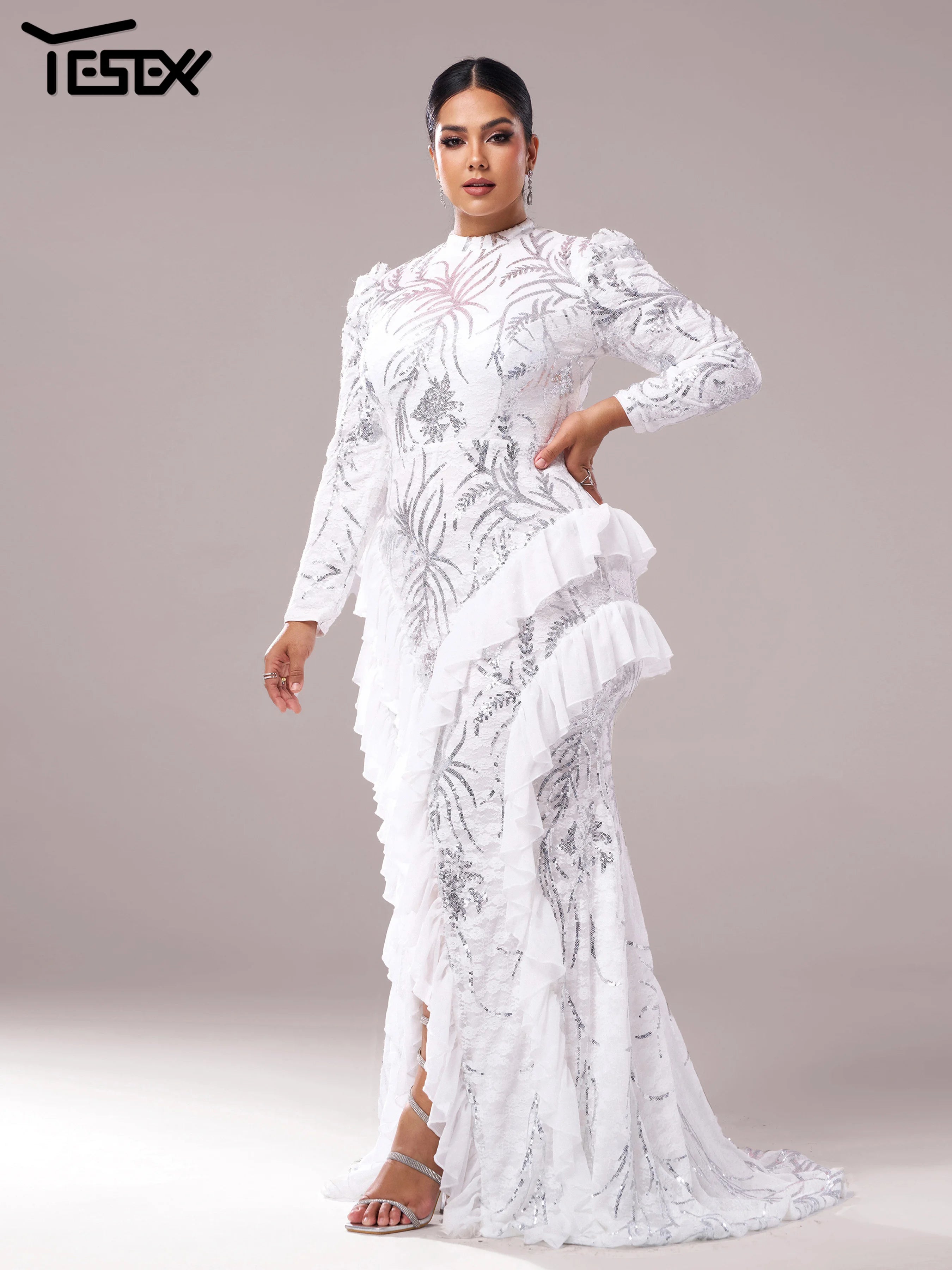 Yesexy Plus Size Elegant Beautiful Women Round Neck Long Sleeved Split Evening Gown Wedding Birthday Party Formal Occasion Dress