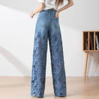 Jeans for Women High Waist Lace Patchwork Pantalones Hollow Out Oversized Spring Casual Loose All Match Pants Fashion Elegant