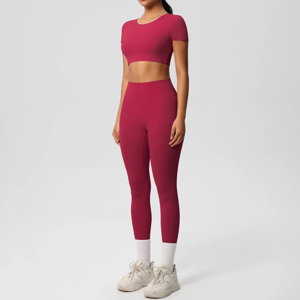 2PCS Woman Gym Sports Yoga Set Knitted Slim Workout Top Short Sleeve Quick Drying Legging Fitness Pants Running Sports Yoga Suit