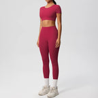 2PCS Woman Gym Sports Yoga Set Knitted Slim Workout Top Short Sleeve Quick Drying Legging Fitness Pants Running Sports Yoga Suit