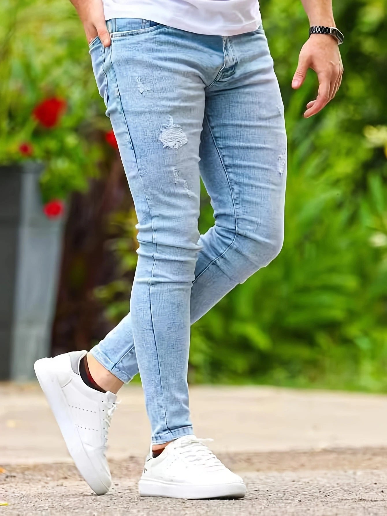 Men's Lightweight Slim-Fit Stretch Jeans | Light Blue with Ripped Design, Versatile Casual Street Style | Cotton Blend for All S