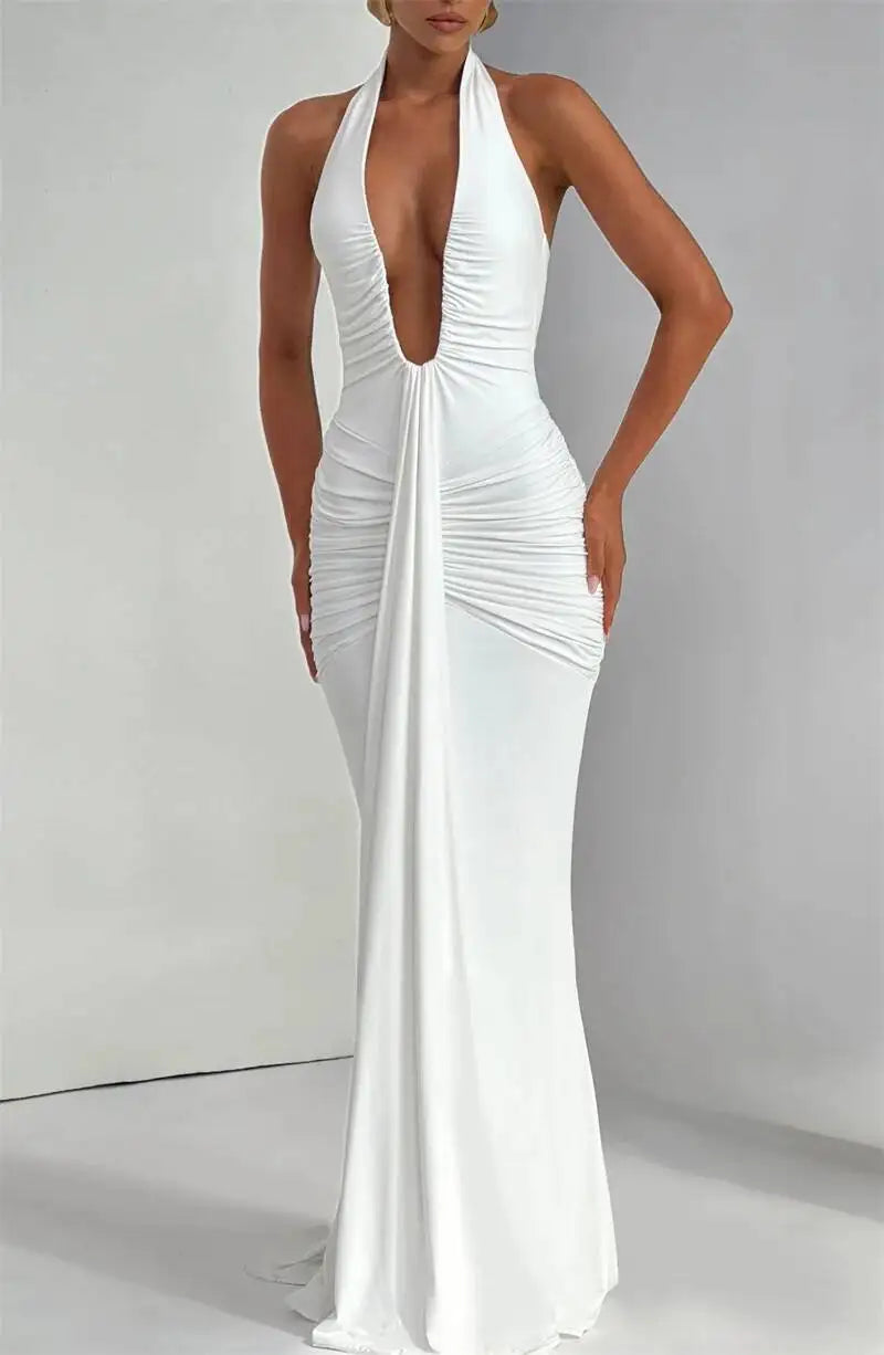 Deep V Neck Draped Ruched Sexy Maxi Dress Women Summer Fashion Halter Sleeveless Backless Club Party Long Dress Elegant BM98
