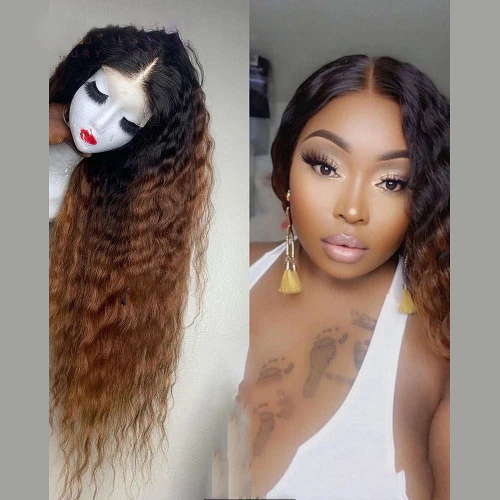 Soft Ombre Brown Kinky Curly 180Density 26Inch Long Lace Front Wig For Black Women With Baby Hair Preplucked Natural Hairline