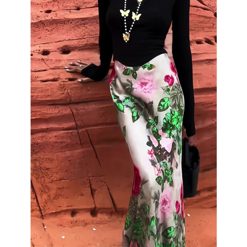 Women Clothing Stylish Vintage Satin Floral Print Luxury Chic Long Skirts Female Elegant High Waist Slim Party Maxi Skirt Faldas Secondary image