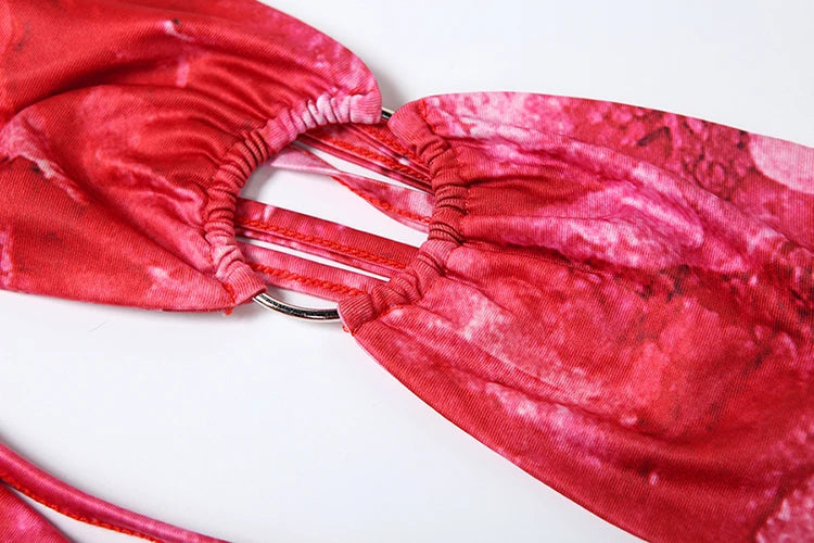 Weird Puss Tie-Dye Print Dress Women Bandage Halter Backless Irregular Hollow Ruched Knot Tie-Dye Ribbon Slits Sexy Long Bodycon