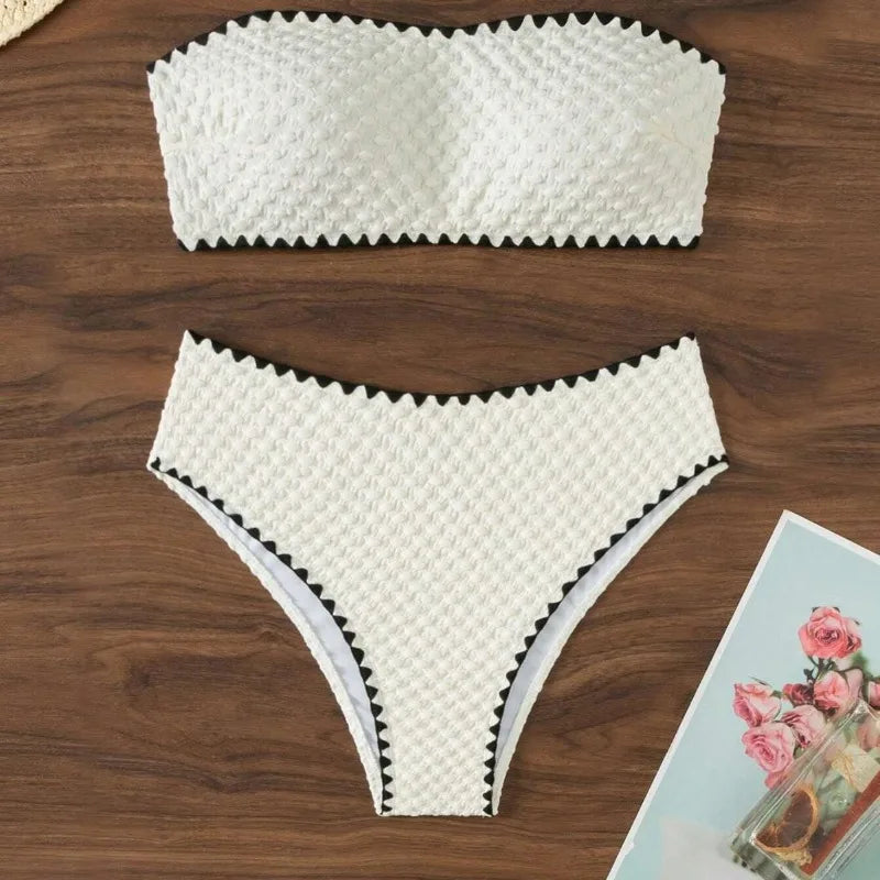 Swimwear White 2 Piece Strapless Swimsuit for Women Sexy Bandeau Backless Bikini Set Lace-up Patchwork Bathing Suit 2025 New Main image