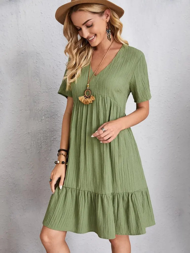 Elegant Solid V Neck A Line Dress 2024 New Summer Ruffles Loose Mini Dress Casual Short Sleeve Beach Party Vestidos Streetwear
