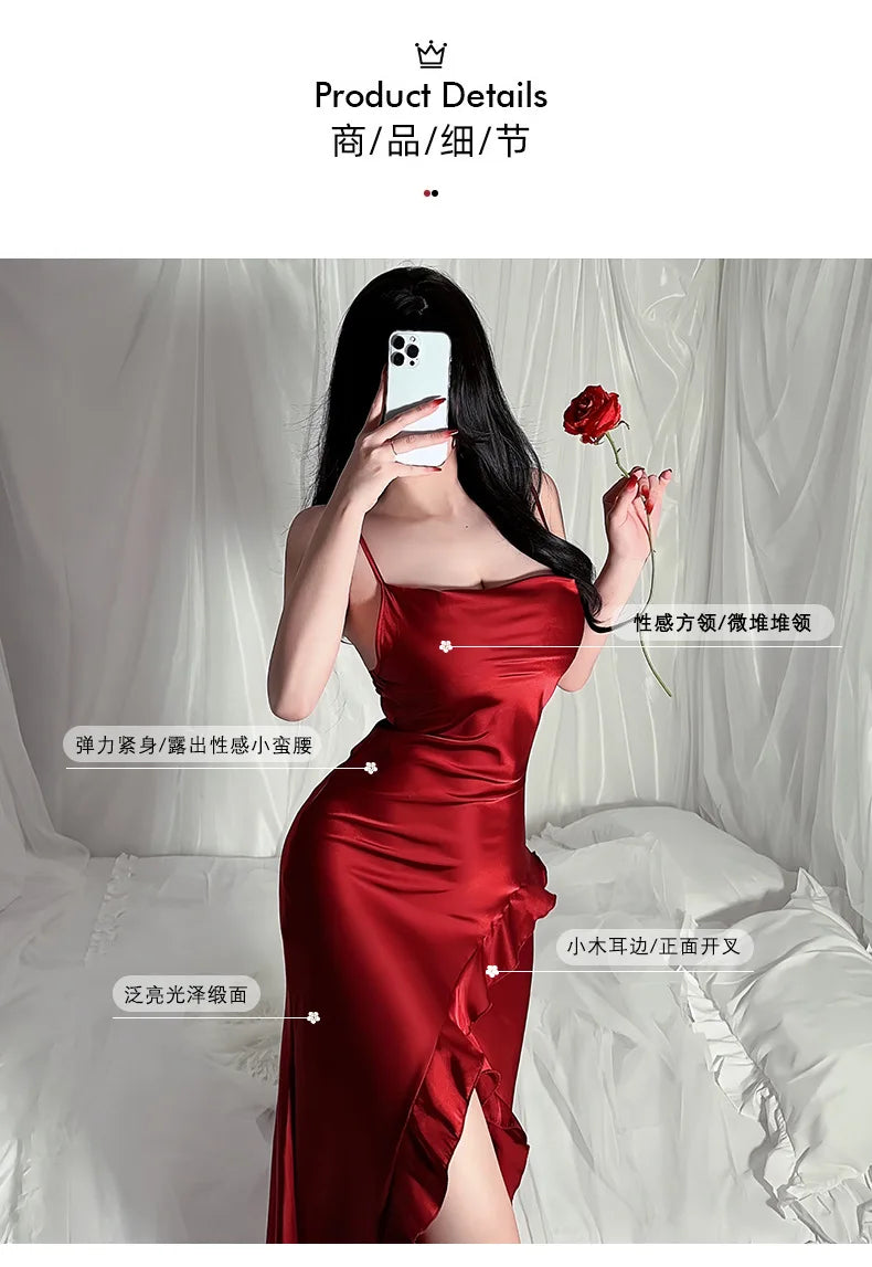 Red New Sling Sexy And Charming Ruffle Edge Bottom Split Smooth Surface Sleeveless Appear Thin Temperament Girl Long Dress 👗