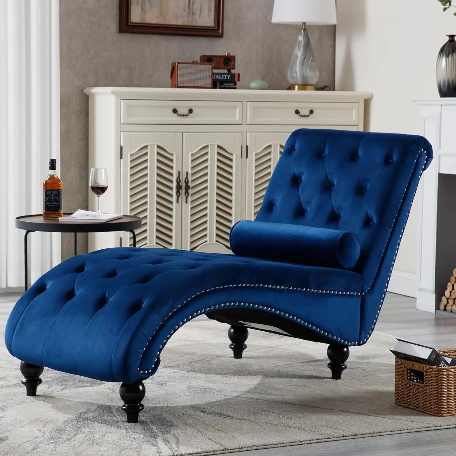 Velvet Chaise Lounge Indoor,Button-Tufted Upholstered Chaise Lounge Chair with Pillow for Bedroom Living Room, Customized Main image