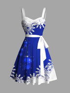 Dressfo Women's Christmas Dresses Sweetheart Neck Snowflake Bell Contrast Print Ruched Bust Tank Belt Festival Dress Vestidos