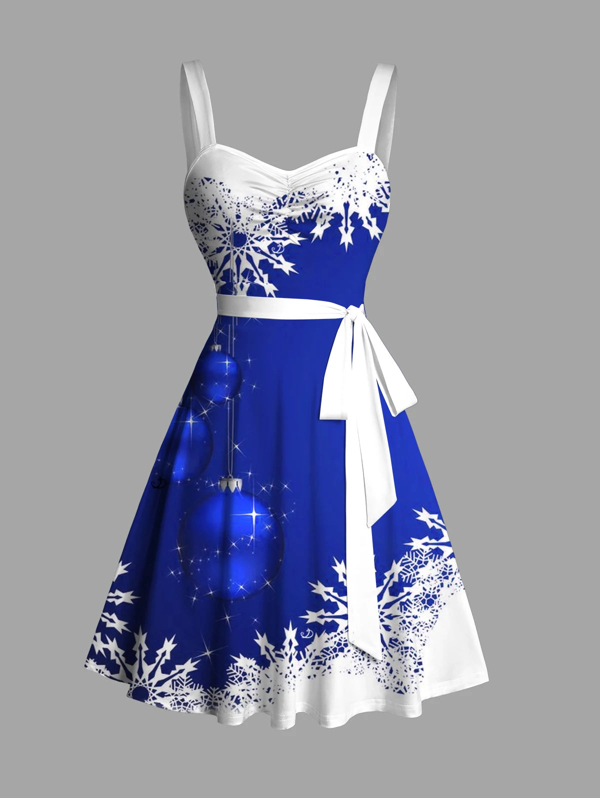 Dressfo Women's Christmas Dresses Sweetheart Neck Snowflake Bell Contrast Print Ruched Bust Tank Belt Festival Dress Vestidos