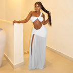 Mesh Ruched Sexy Club Outfits Woman 2026 Birthday Strapless Crop Top and High Split Long Skirt 2 Piece Set Conjuntos Femininos