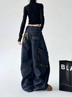 Retro Leopard Handle Joint Quge Denim New Design Sense Straight Wide Pants