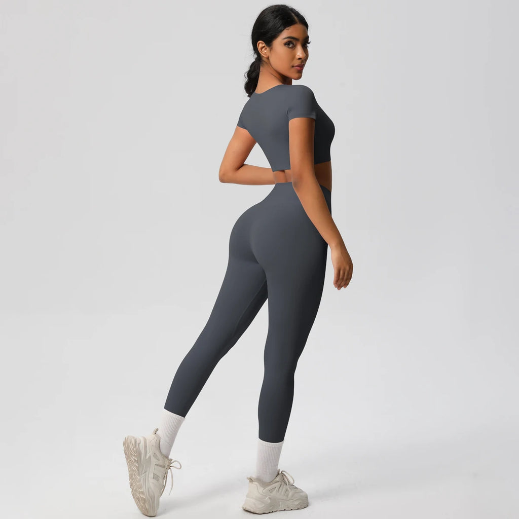 2PCS Woman Gym Sports Yoga Set Knitted Slim Workout Top Short Sleeve Quick Drying Legging Fitness Pants Running Sports Yoga Suit