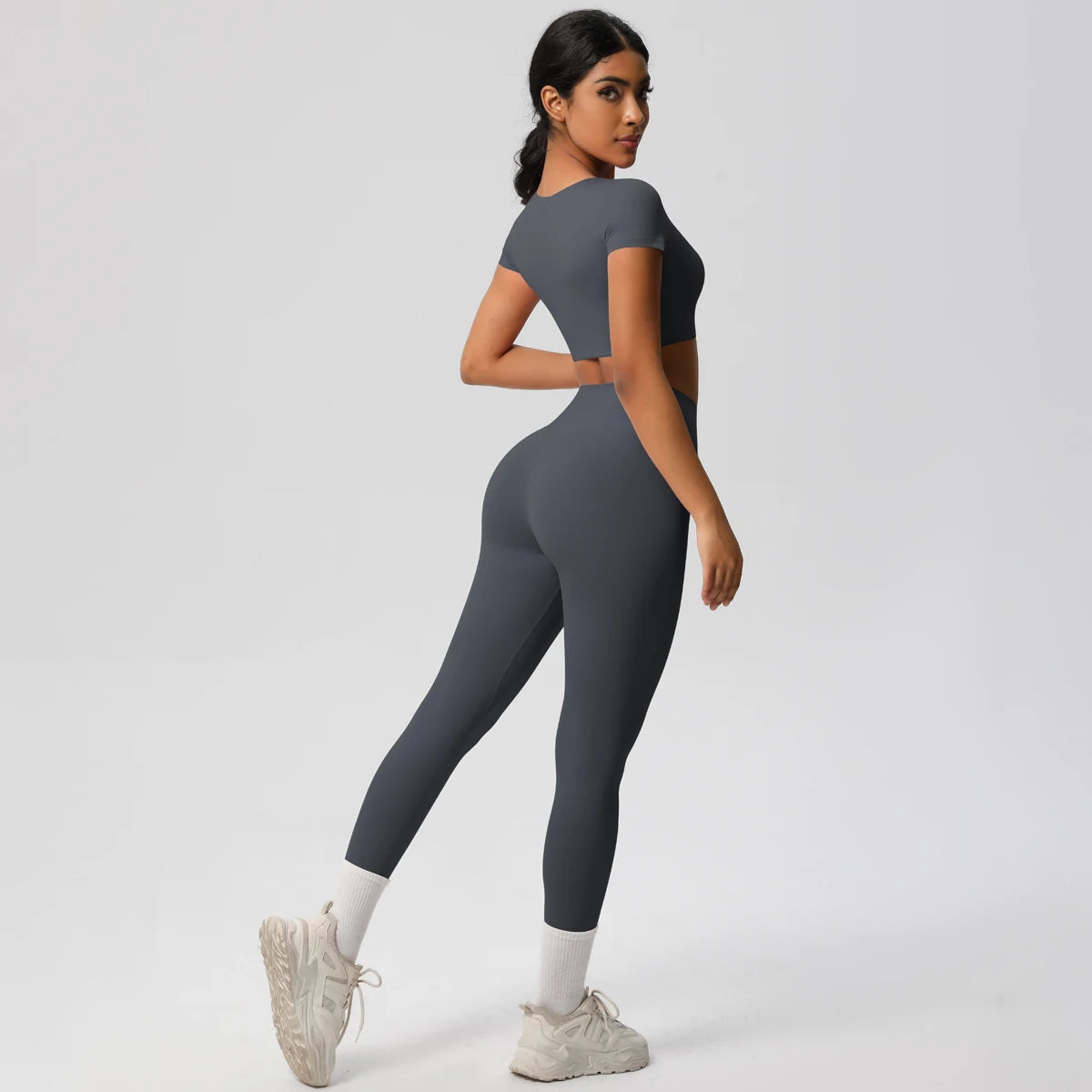 2PCS Woman Gym Sports Yoga Set Knitted Slim Workout Top Short Sleeve Quick Drying Legging Fitness Pants Running Sports Yoga Suit