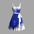 Dressfo Women's Christmas Dresses Sweetheart Neck Snowflake Bell Contrast Print Ruched Bust Tank Belt Festival Dress Vestidos