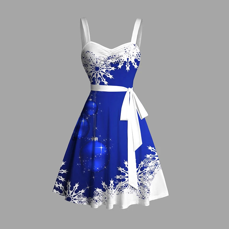 Dressfo Women's Christmas Dresses Sweetheart Neck Snowflake Bell Contrast Print Ruched Bust Tank Belt Festival Dress Vestidos