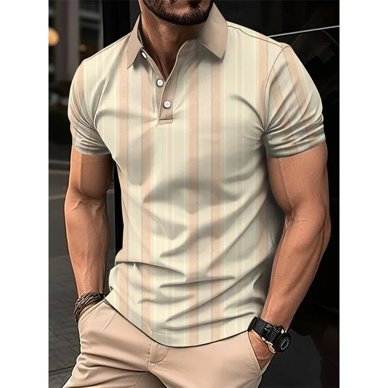 3D Print Colorful Color Block Polo Shirt For Men Stripes Pattern T-Shirts Summer Loose Street Lapel Top Button Short Sleeve Tees