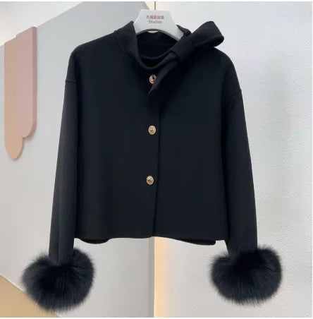 2025 & 2026 New Winter Real Natural Fox Fur Cuff Coat Ladies Outwear Female Coat Cashmere Wool Woolen Women Luxury Jacket