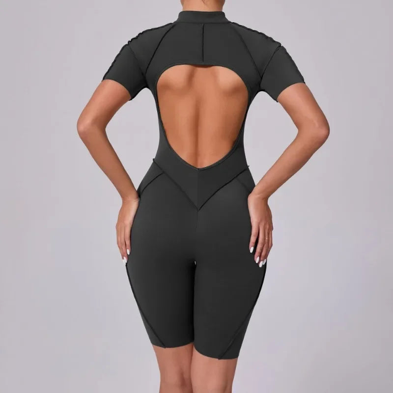 Seamless Yoga Jumpsuits Sports Fitness Zipper Hip-lifting Short-sleeved Backless Dance Workout Gym Shorts Bodysuits for Women