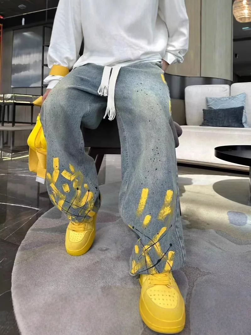 Light Blue Jacquard Streetwear Jeans for Men & Women - Straight Flared Pants with Elastic Waistband, Machine Washable, All-Seaso Main image