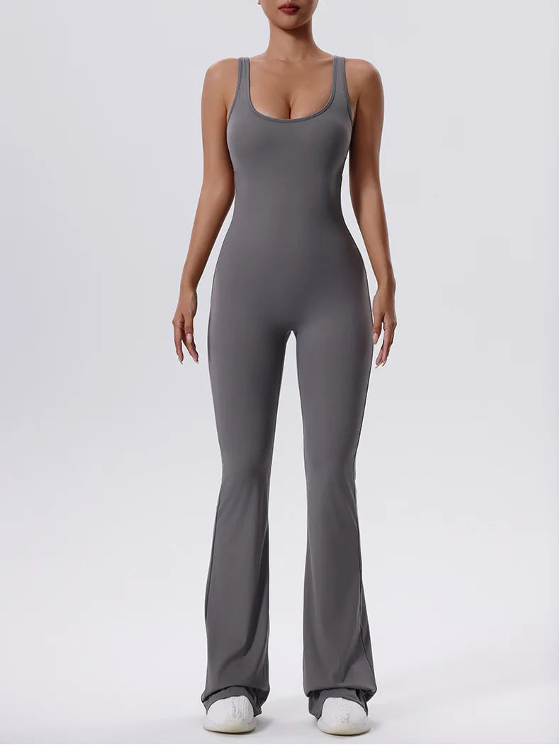 V Back Scrunch Gym Set Women Sport One-Piece Suit Yoga Suit Flared Pants Women Sports Jumpsuit Fitness Rompers Workout Bodysuits