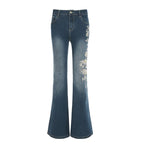 Flare Pants Jeans Women Embroidery Boot Cut Low Waist Washed Distressed Pockets Floor Length Streetwear 2025 Denim Trousers