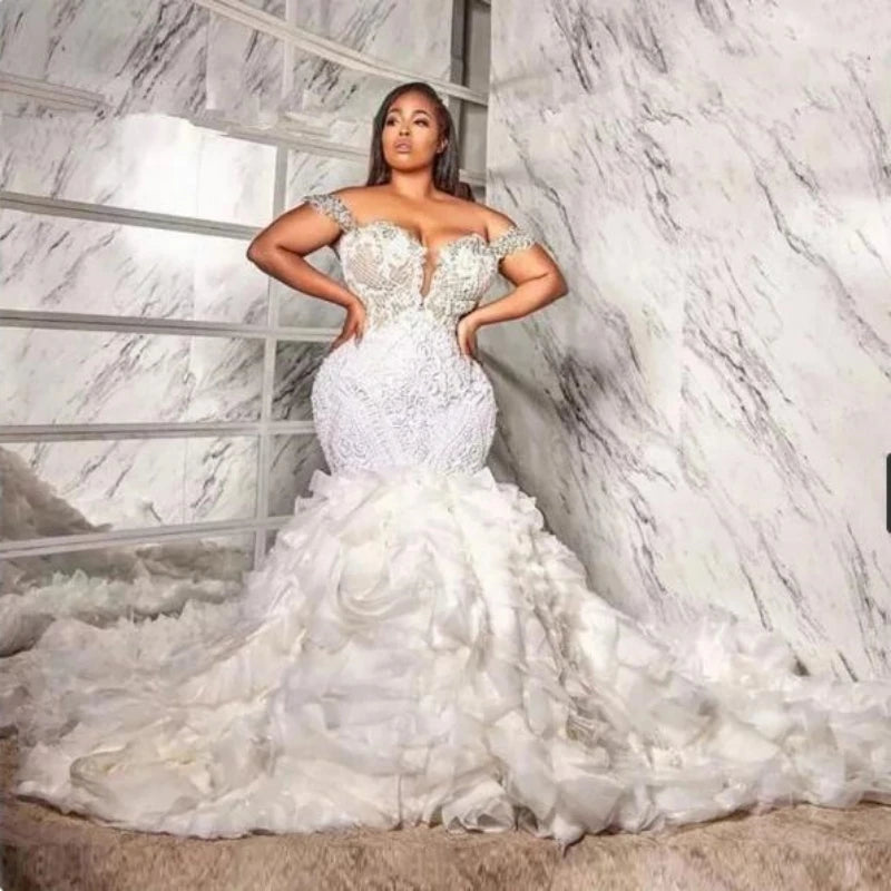 South Africa Luxury Mermaid Wedding Dress with Ruffle 2026 Lace Appliques Crystals Beadings Plus Size Bridal Gowns Custom Made