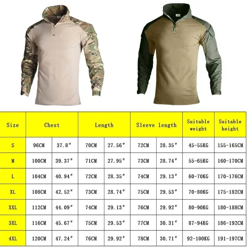 Softair Outdoor Long Sleeve Tactical Shirts Combat Shirt 1/4 Zipper Ripstop Wear-resisting Camo Airsoft T Shirts Men Clothing