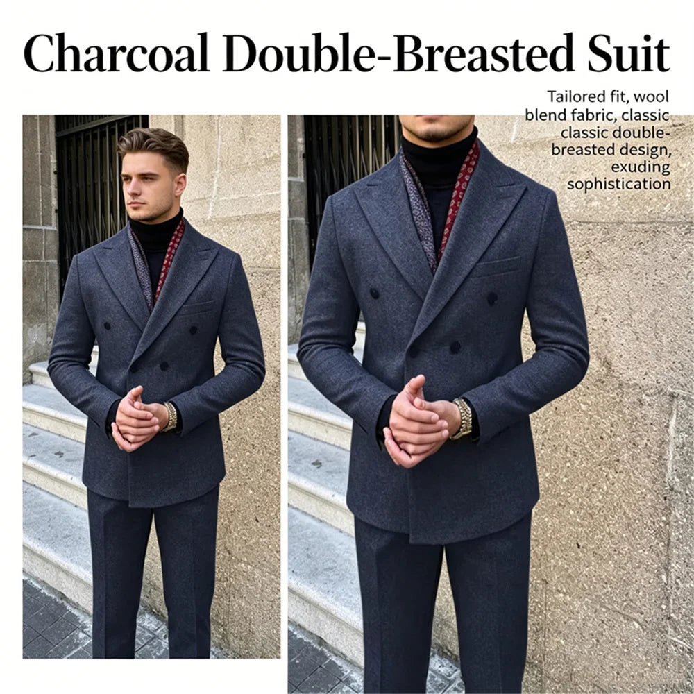 Wool Blend Men's 2 Piece Suit Set（Jacket+Pants) Double Breasted Lapel Suit Set Wedding Prom Dinner Wrok Travel Dinner Banquet