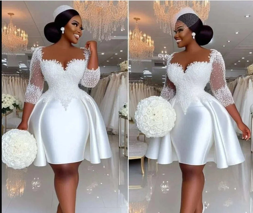 Customized  Sheer Neck Shinny Appliques Beads Short  Wedding Dress  Vestidos De Novia  Half Sleeves Knee Length Bridal Gowns Main image