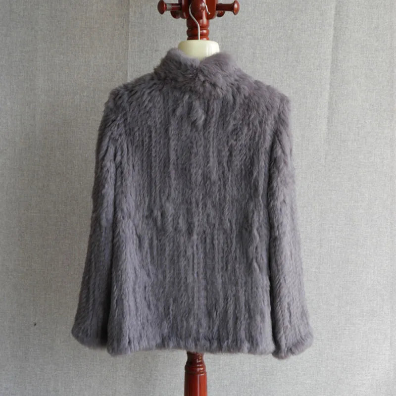 Women Winter Real Rabbit Fur Knitted Coat Female Casual Long Sleeve Genuine Fur Jacket Warm Thick Outwear Femme