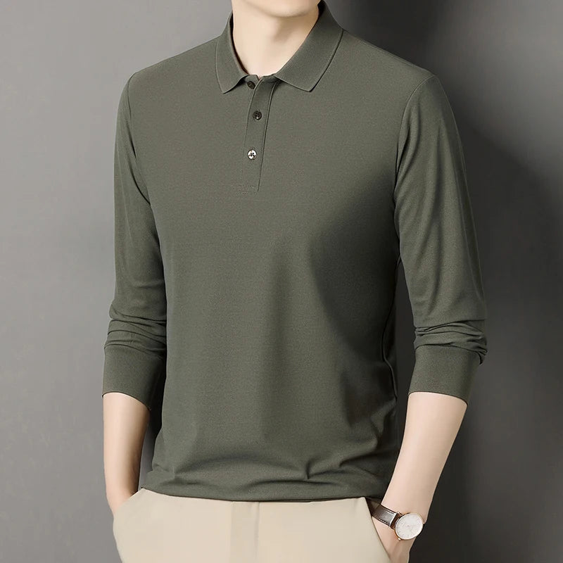 Autumn new men's long sleeved cotton polo shirt, middle-aged business, comfortable, solid color, loose men's lapel T-shirt