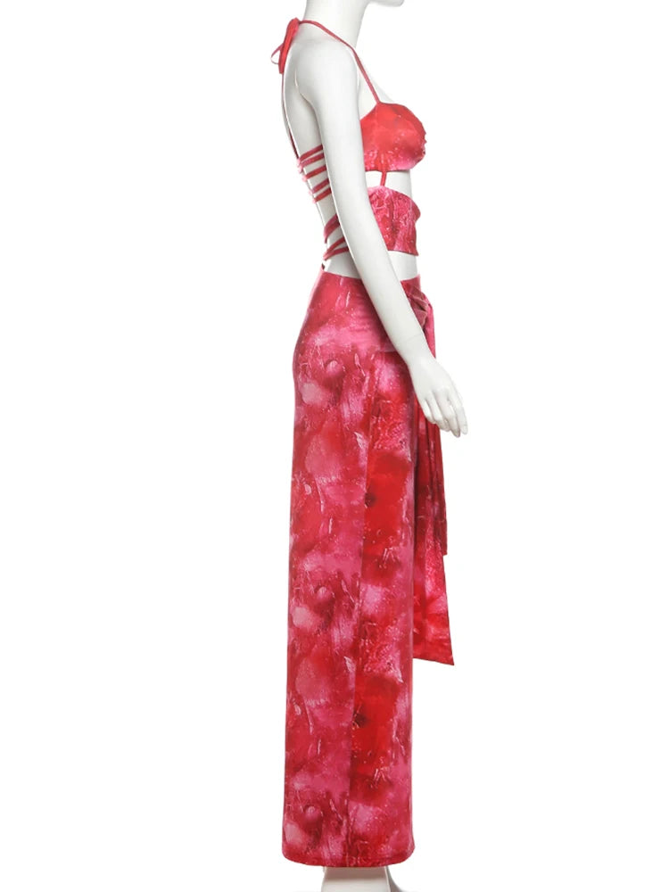 Weird Puss Tie-Dye Print Dress Women Bandage Halter Backless Irregular Hollow Ruched Knot Tie-Dye Ribbon Slits Sexy Long Bodycon