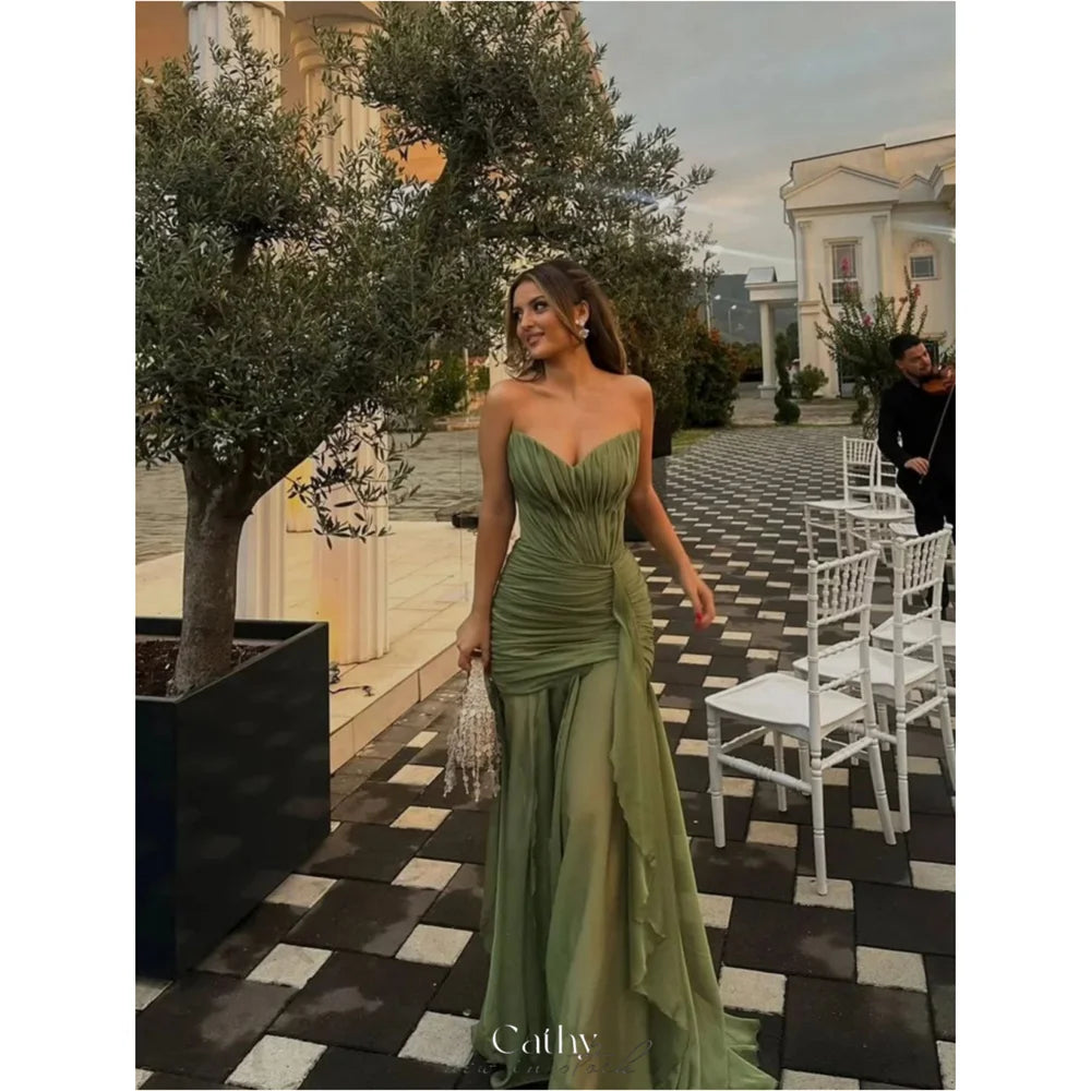 Cathy Customize Olive Green Pleated Chiffon Prom Dress V Neck Lace-up vestidos de noiva Floor-length Sheath Evening Dresses 2026 Main image