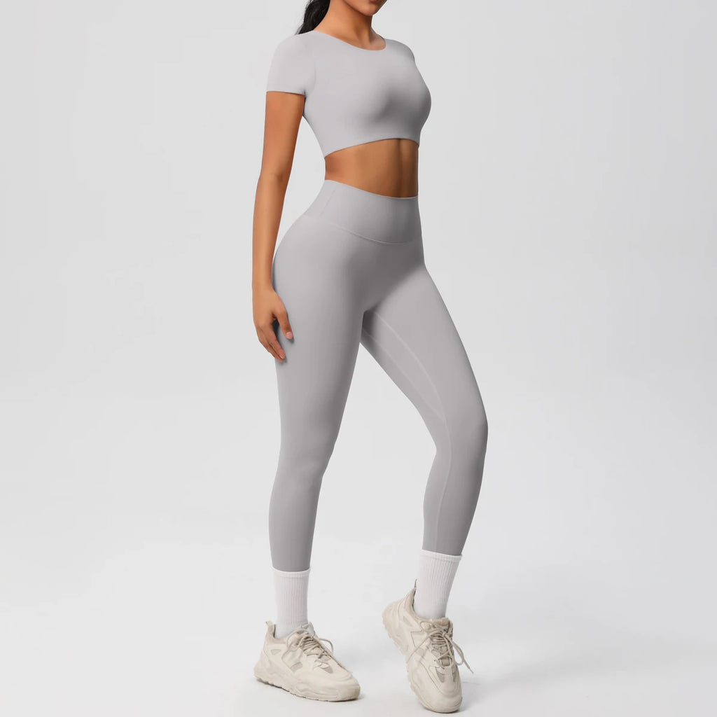 2PCS Woman Gym Sports Yoga Set Knitted Slim Workout Top Short Sleeve Quick Drying Legging Fitness Pants Running Sports Yoga Suit