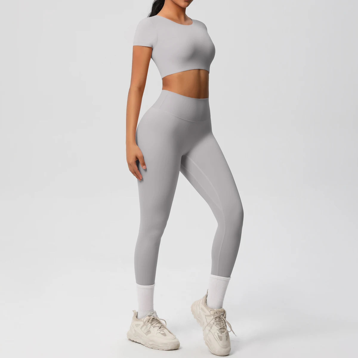 2PCS Woman Gym Sports Yoga Set Knitted Slim Workout Top Short Sleeve Quick Drying Legging Fitness Pants Running Sports Yoga Suit