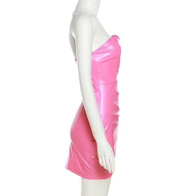 Hot Summer PU Faux Leather Strapless Bodycon Dress Women Sexy Solid Mini Sheath Folds Dresses Night Party Clubwear