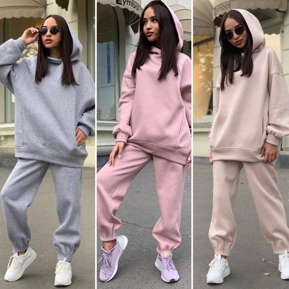 Women Tracksuit Autumn Winter Warm Hoodies Top Suits Casual Hooded Sweatshirts And Jogging Pants Outfits Sweatpants 2 Piece Sets