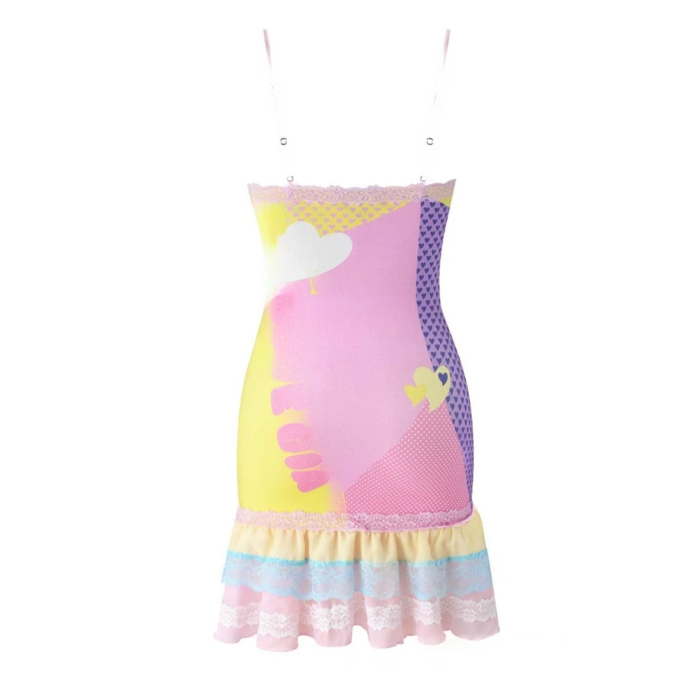 HLJ&GG Y2K Fashion Lace Splicing Bodycon Spaghetti Strap Mini Dresses Women Sleeveless Backless V Neck Slim Vestidos Streetwear