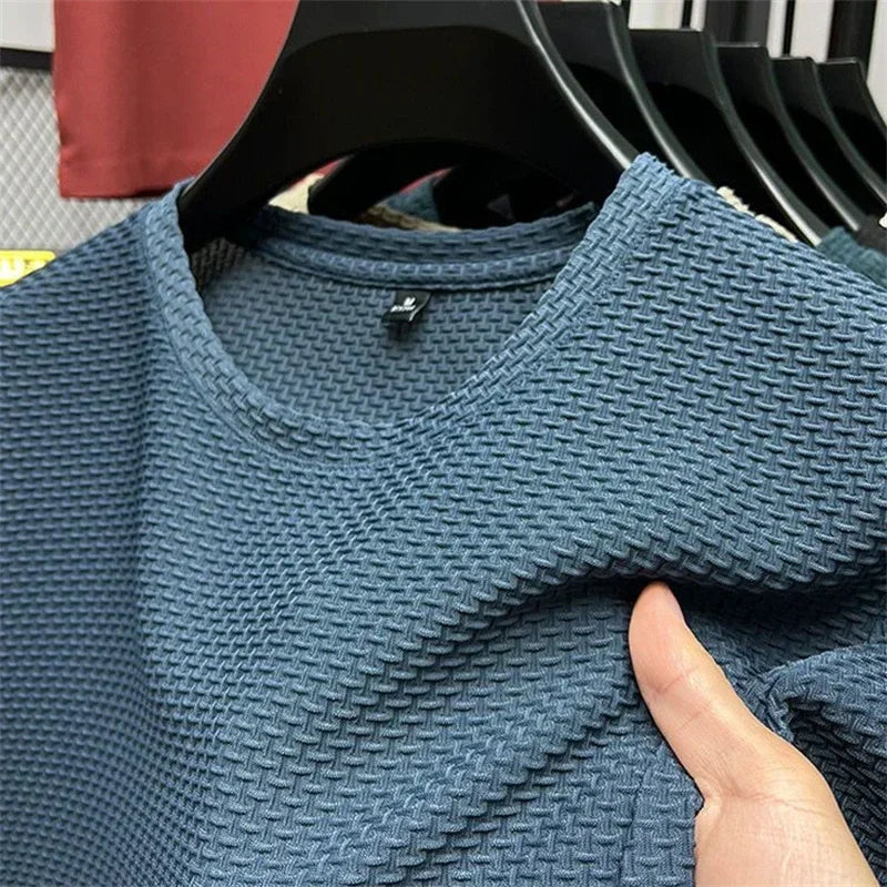 Summer Men's Round Neck Short Sleeved T-shirt M-5XL Oversize Wrinkle Resistant Breathable Top Texture Fabric Versatile Tees