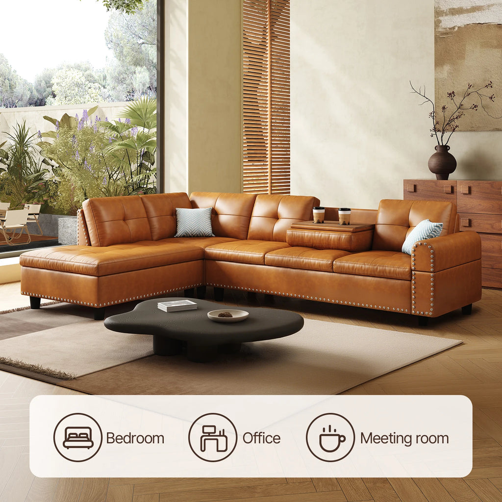 97.5" Faux Leather Sectional Sofa with Chaise Lounge, 2 Cup Holders & Pillows, 6-Seater Upholstered Tufting Corner,Stylish and C