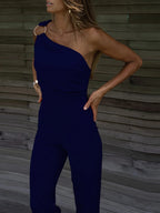 Sexy Backless Sleeveless Jumpsuit Summer Women Elegant Diagonal Collar One Shoulder Playsuits Fashion Solid Slim Ladies Rompers