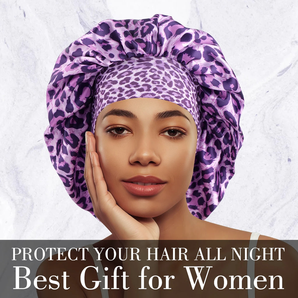 Luxurious Women's Satin Sleep Bonnet All-Over Leopard Print Nightcap for Hair Care And Fashion Style