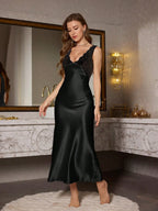 Elegant Lace-trimmed Satin Sleepdress, Women's V-neck Solid-color Pajamas, Polyester Adult All-season Sleepwear