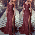 2026 Women's Wedding Party Dress Evening Elegant Sexy Deep V Neck One Shoulder Sleeveless Sequined Long Maxi Dresses For Women